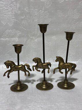 Vintage brass carousel horse candlestick holders set of 3